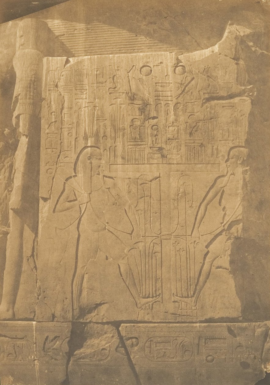 Beleiring av den monolittiske kolossen til Amenhotep III, ved Theben. Detaljer om utskjæringene, 1849-50. av Maxime Du Camp