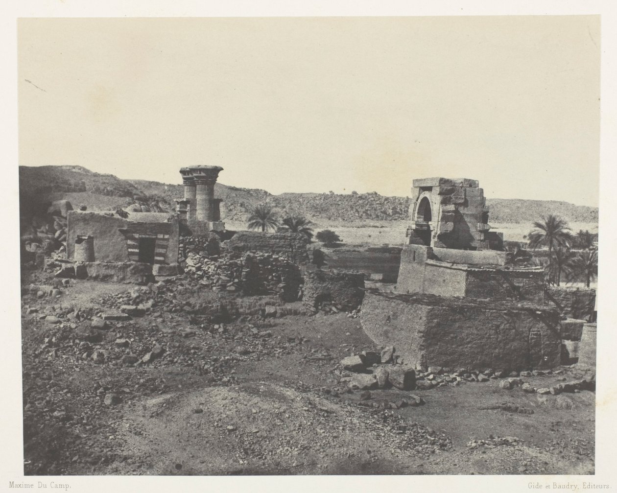 Landsby og tempel på øya Beghe, vest for Philoe; Nubia, plate 81 fra albumet quot;Egypt, Nubia, Palestina og Syriaquot; (1852) av Maxime Du Camp
