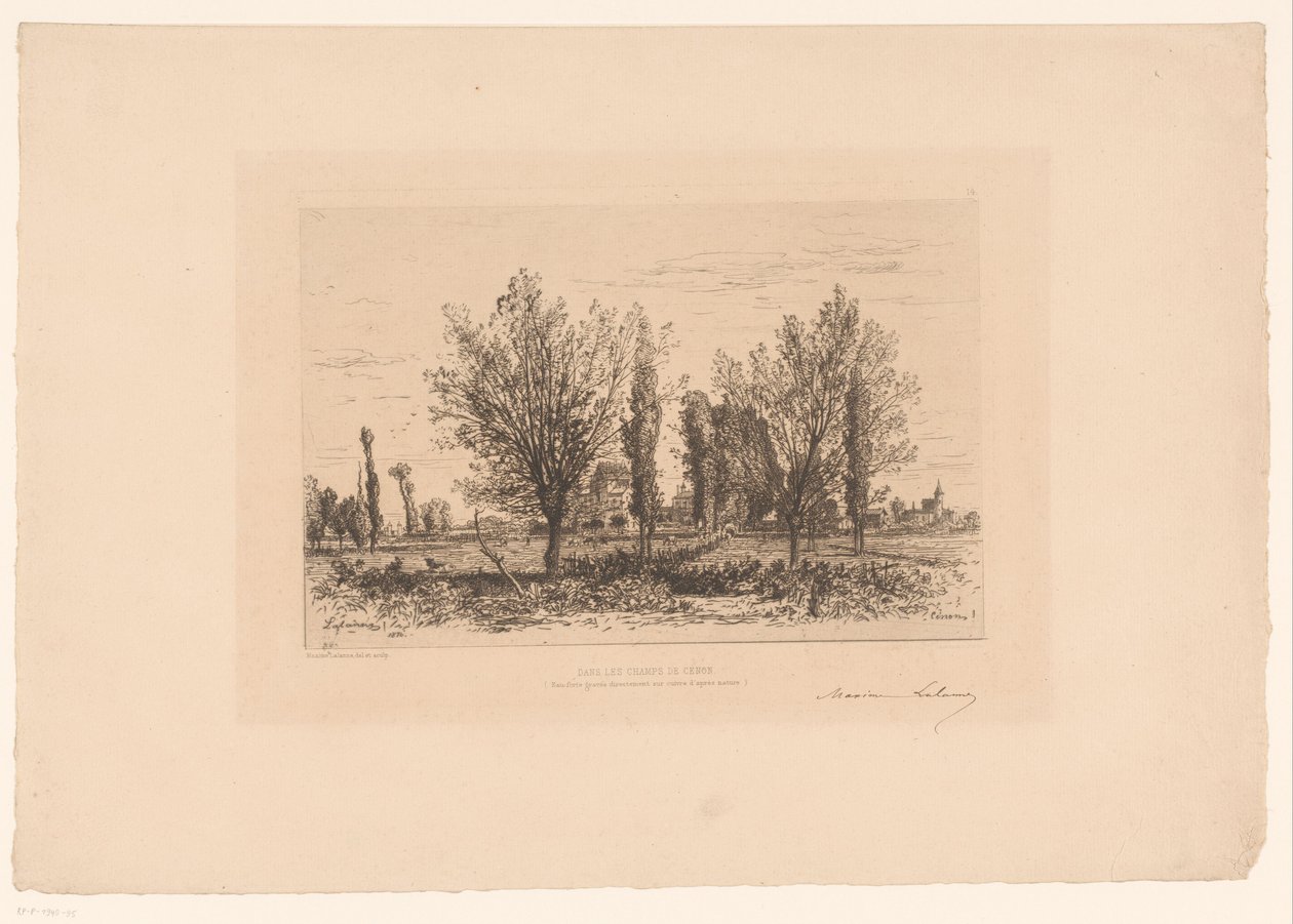 Landskap med eng og utsikt over en by Dans les champs de Cenon. (tittel på objekt) av Maxime François Antoine Lalanne (signed by artist)