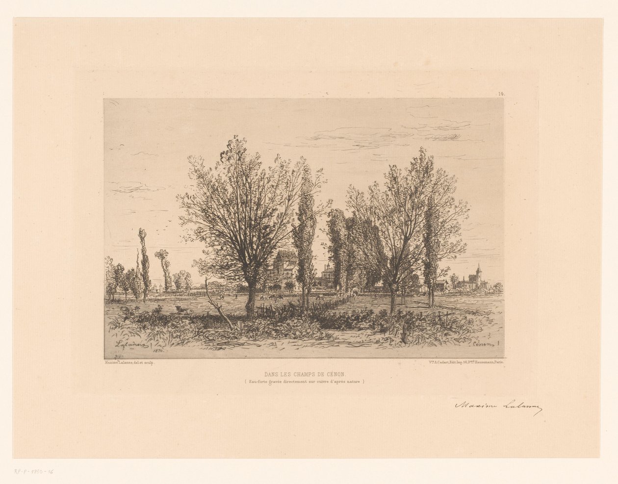 Landskap med eng og utsikt over en by Dans les champs de Cenon. (tittel på objekt) av Maxime François Antoine Lalanne (signed by artist)