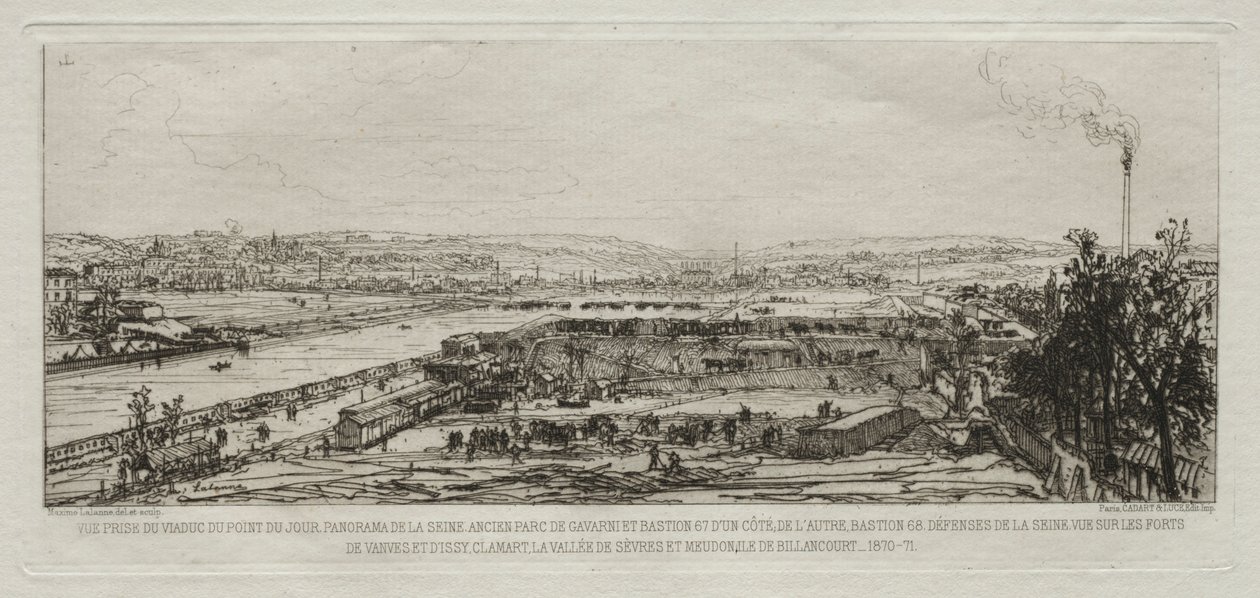 Kunstneriske minner fra beleiringen av Paris: Utsikt fra Pont-du-Jour-viadukten..., 1870-71. av Maxime Lalanne