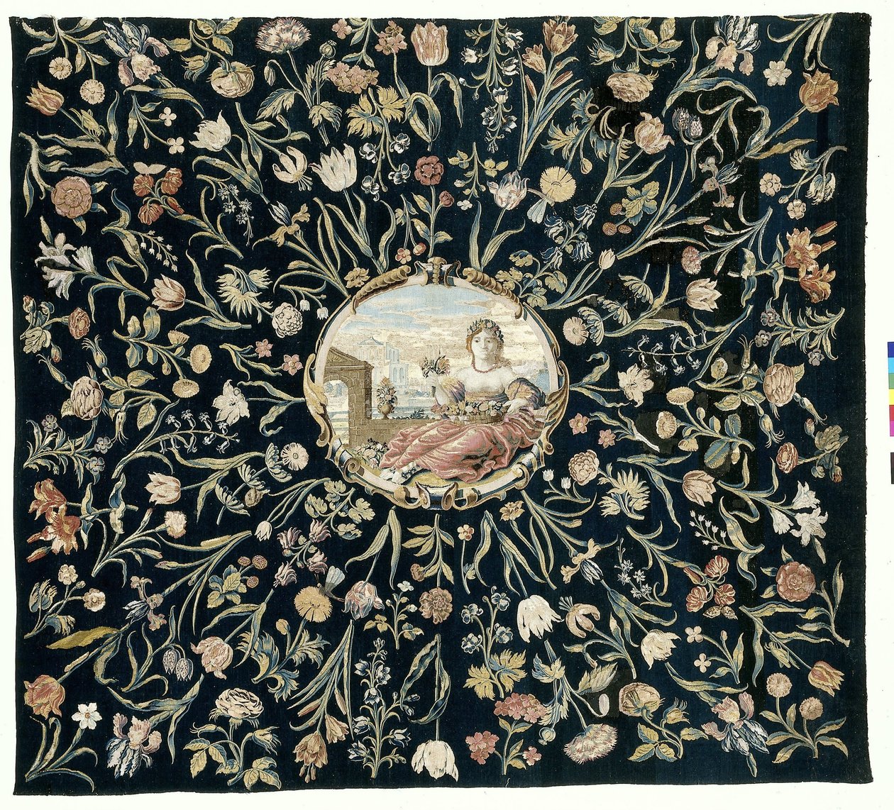 borddeksel Duk med personifiseringen av Flora og et blomstermønster av Maximiliaan van der Gucht (possibly)