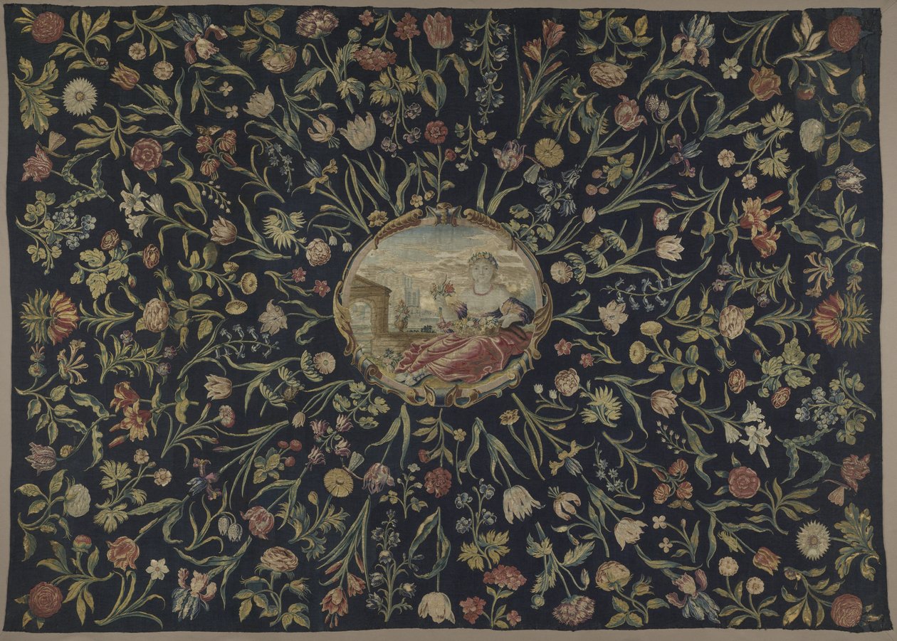 borddeksel Duk med personifiseringen av Flora og et blomstermønster av Maximiliaan van der Gucht (possibly)