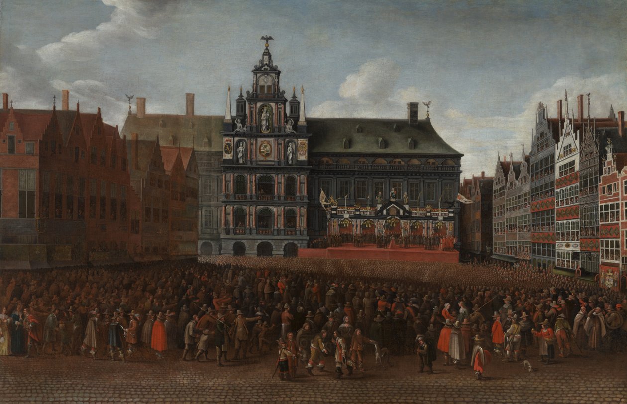Proklamasjonen av Münsterfreden på Grote Markt i Antwerpen av Maximiliaen Pauwels