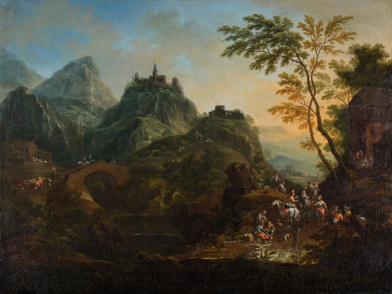 Ideelt fjellandskap med bro av Maximilian Joseph Schinnagl