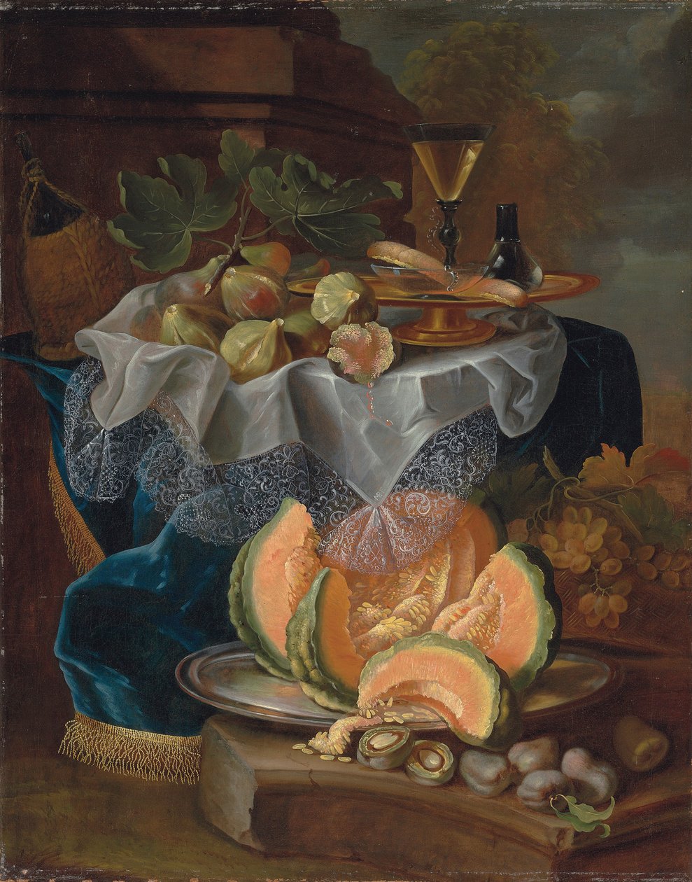 Fiken, en forgylt tazza med et facon-de-venise vinglass, på et drapert bord, en oppskåret melon på et tinnfat med plommer på en sokkel av Maximilian Pfeiler or Pfeiller