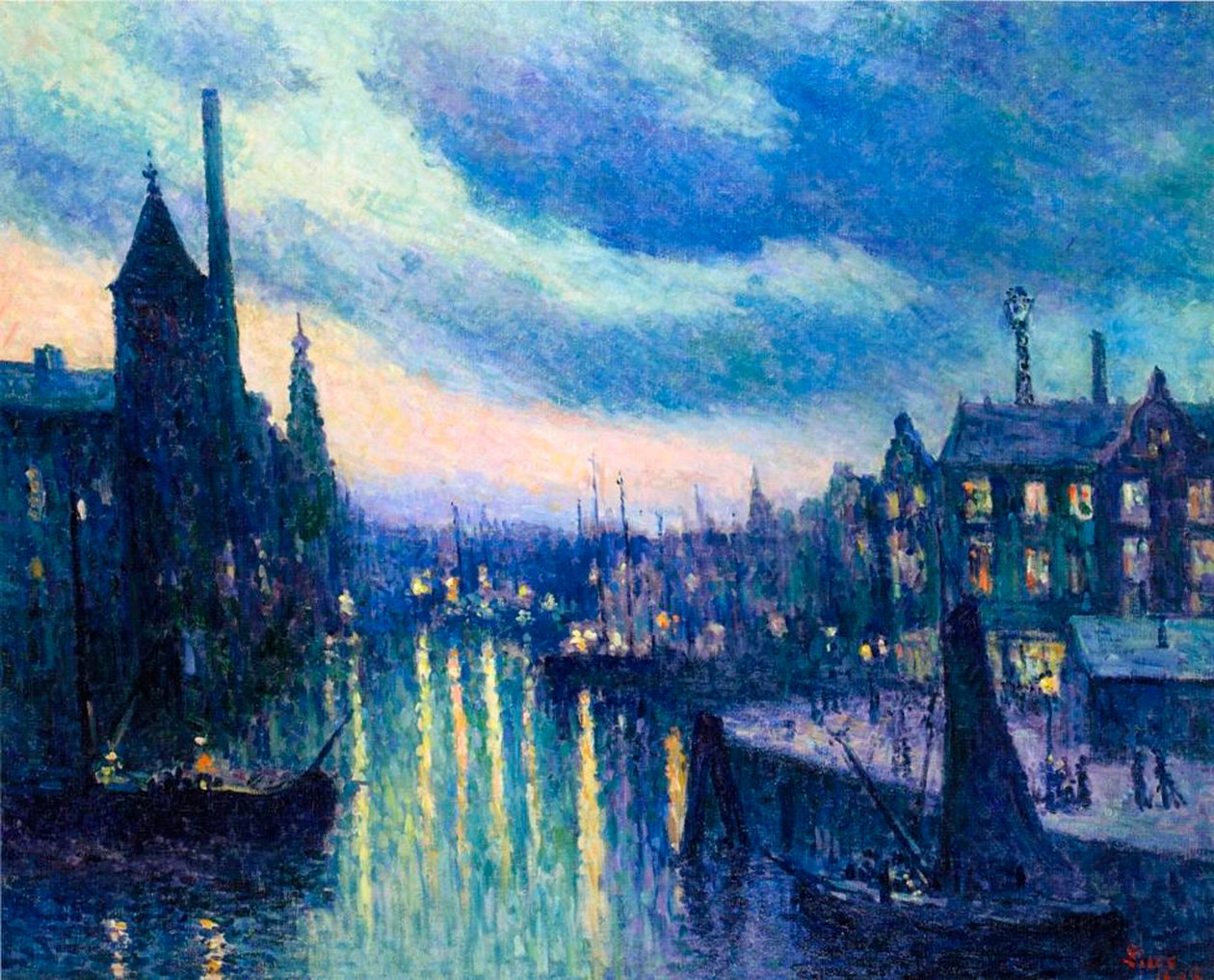 Havnen i Rotterdam om natten, 1908 av Maximilien Luce