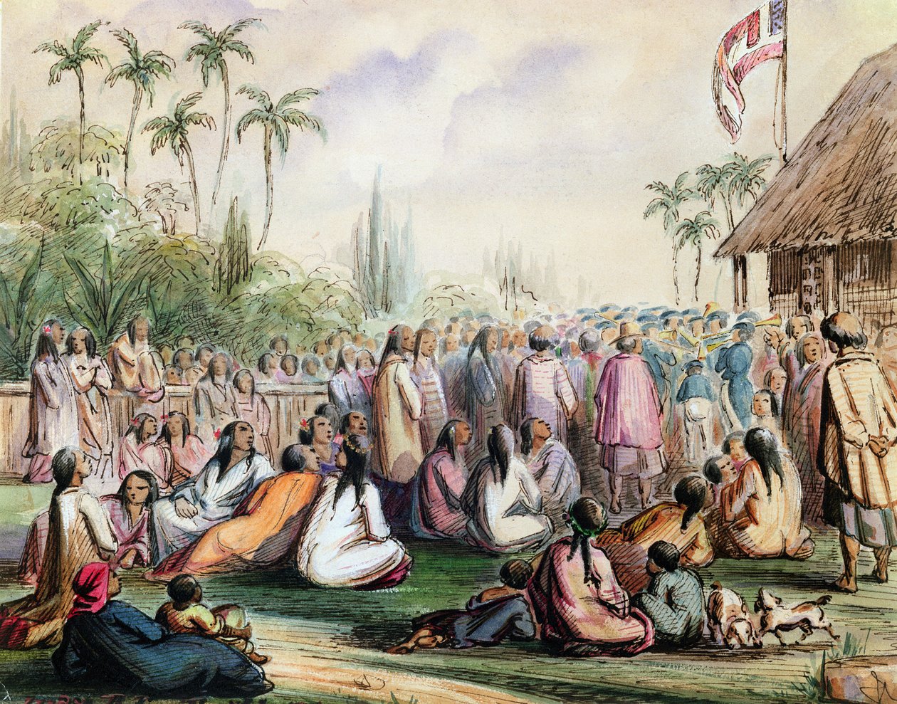 Det franske protektoratets paviljong på Tahiti i 1842, ca. 1842-48 (wc og blekk på papir) av Maximilien Radiguet