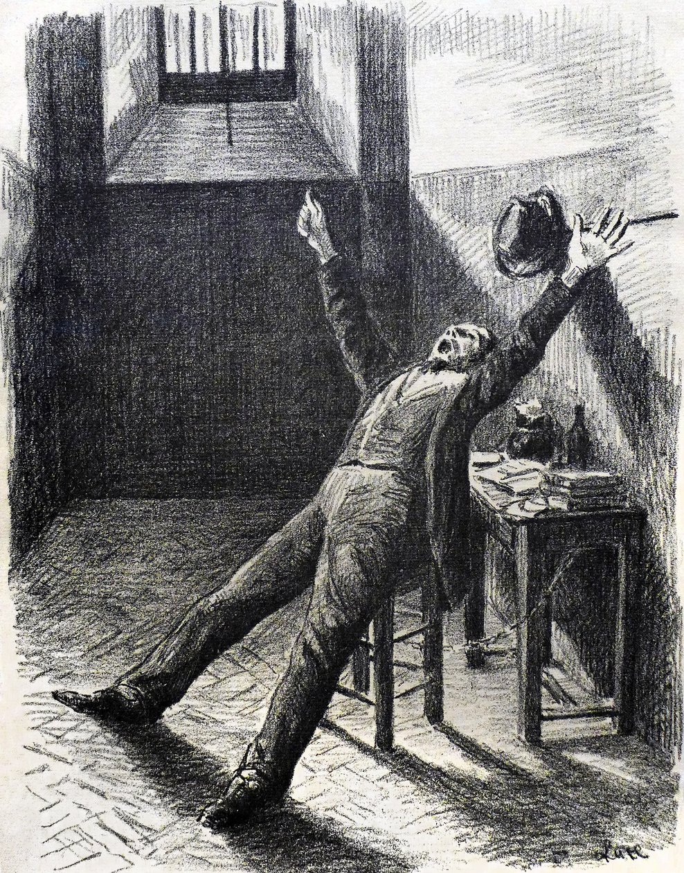 Felix Feneon (1861-1944), kunstkritiker og samler, i fengsel (i cellen) - litografi (1894) av Maximilien Luce (1858-1941) fra boken av Julles Valles Mazas av Maximilien Luce