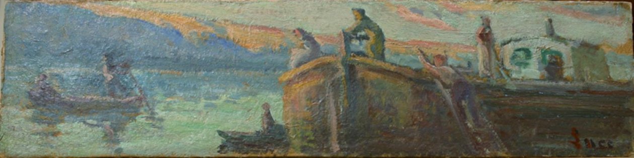 Elvelandskap med lekter og båter av Maximilien Luce