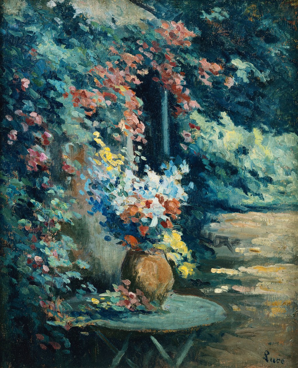 Blomster i et landskap; Bukett med blomster i et landskap, av Maximilien Luce