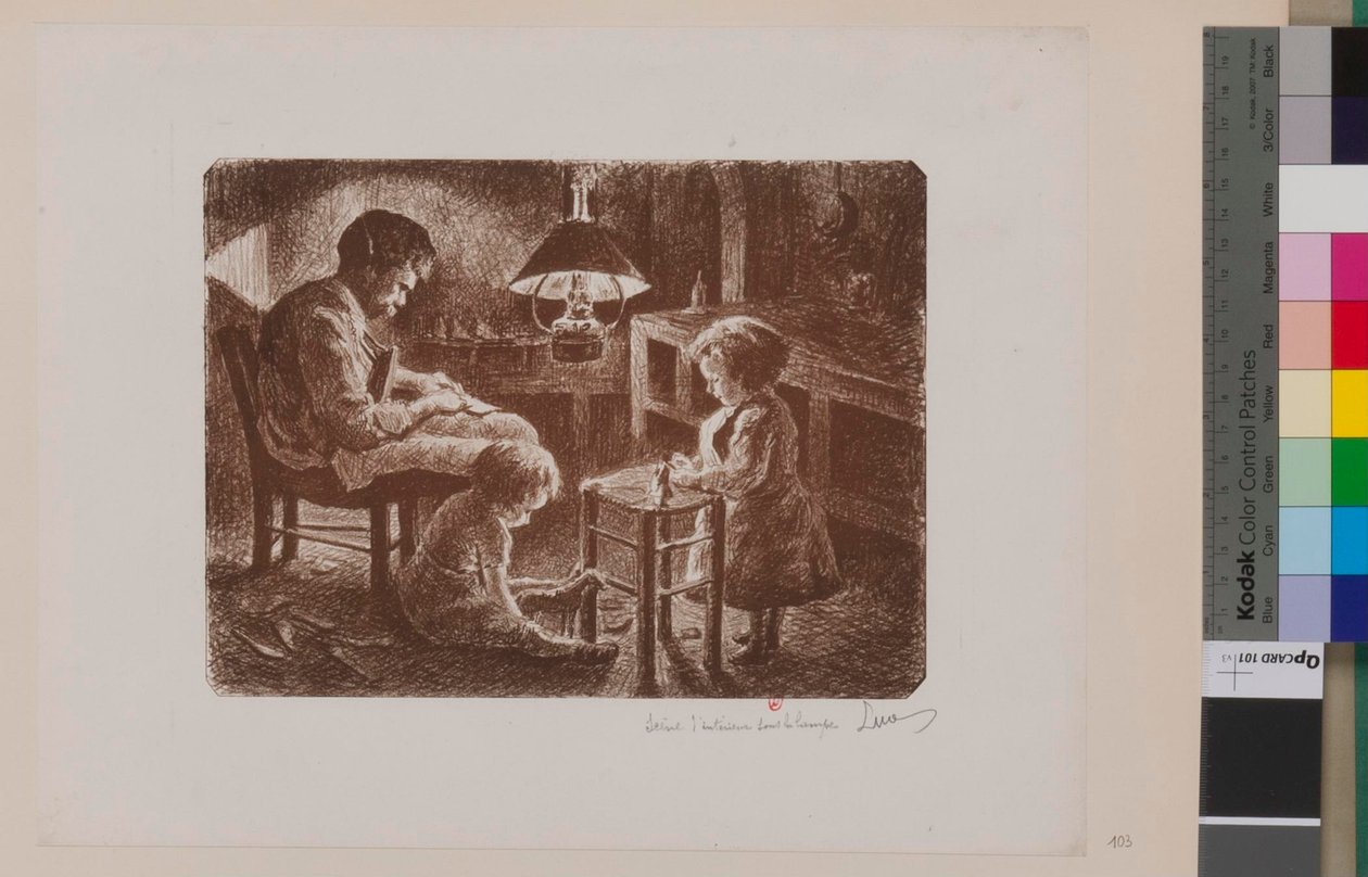 Interiørscene under lampen av Maximilien Luce