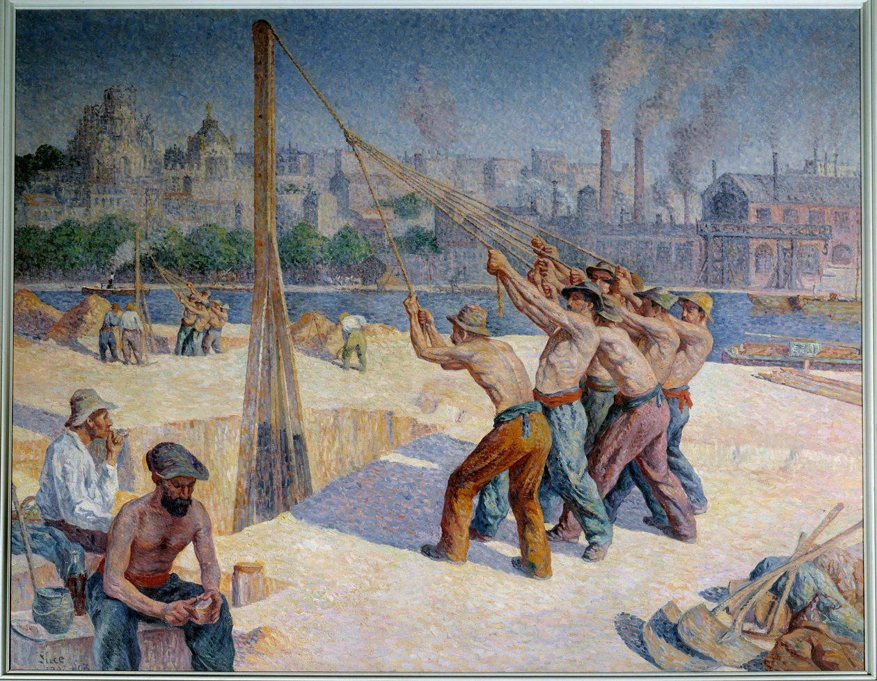 Stavtrommeslagere på Quai de la Seine ved Billancourt Maleri av Maximilien Luce (1858-1941) 1903 Mål 1,53 x 1,95 m. Paris, Musee d