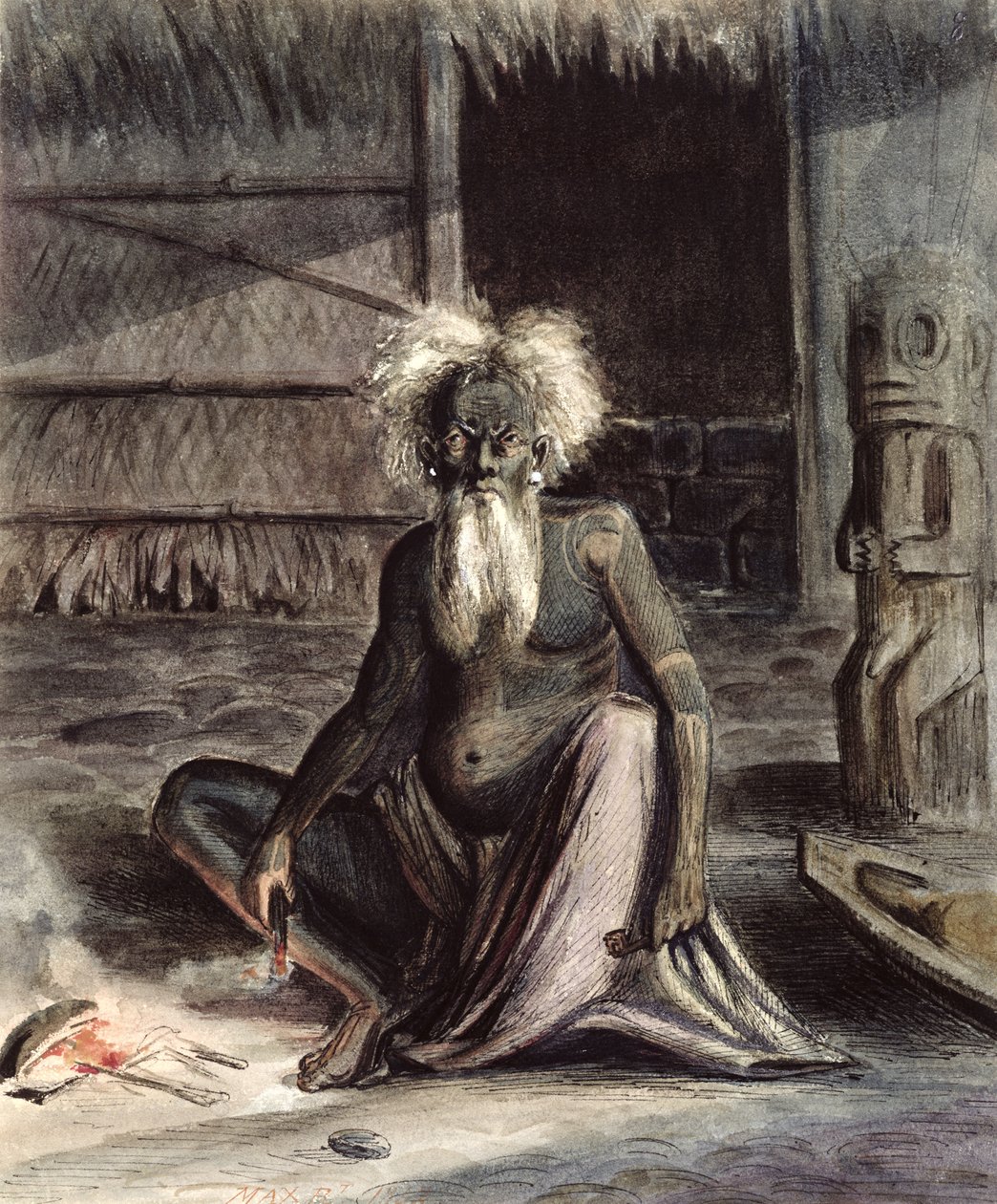 Gammel mann fra Tahiti satt i nærheten av en Tiki, ca. 1841-48 (penn og blekk og wc på papir) av Maximilien Radiguet