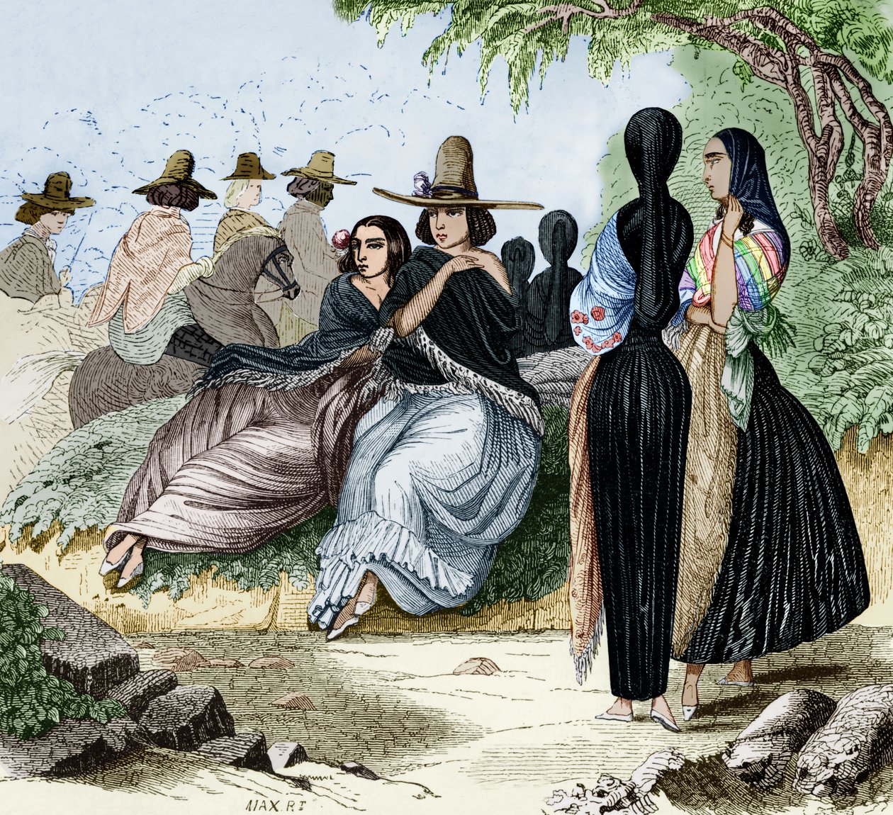 Kvinner fra Lima i Peru, gravering fra radiguets reise i Lima på 1840-tallet, fargelagt dokument av Maximilien Radiguet