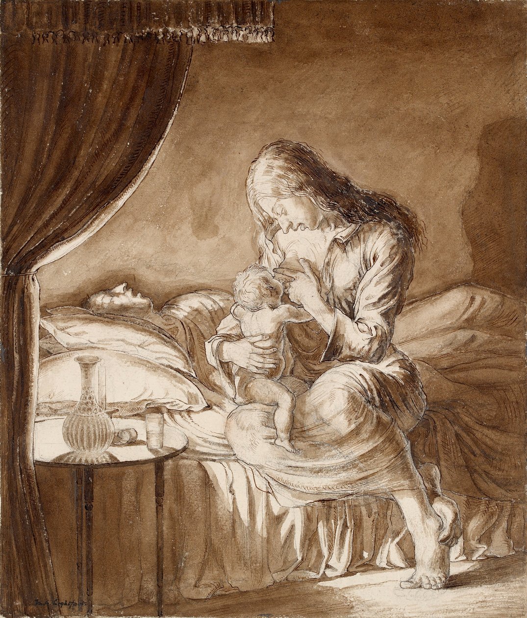 Nattscene - Kvinne mater barnet sitt, ca. 1900-tallet av Maxwell Gordon Lightfoot