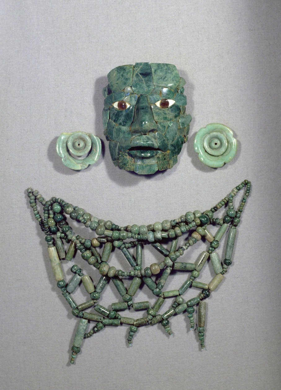Calakmul begravelsesmaske med krage og øredobber, Yucatan-halvøya, Mexico Late Classic Period (600-900 e.Kr.) (jade) av Mayan