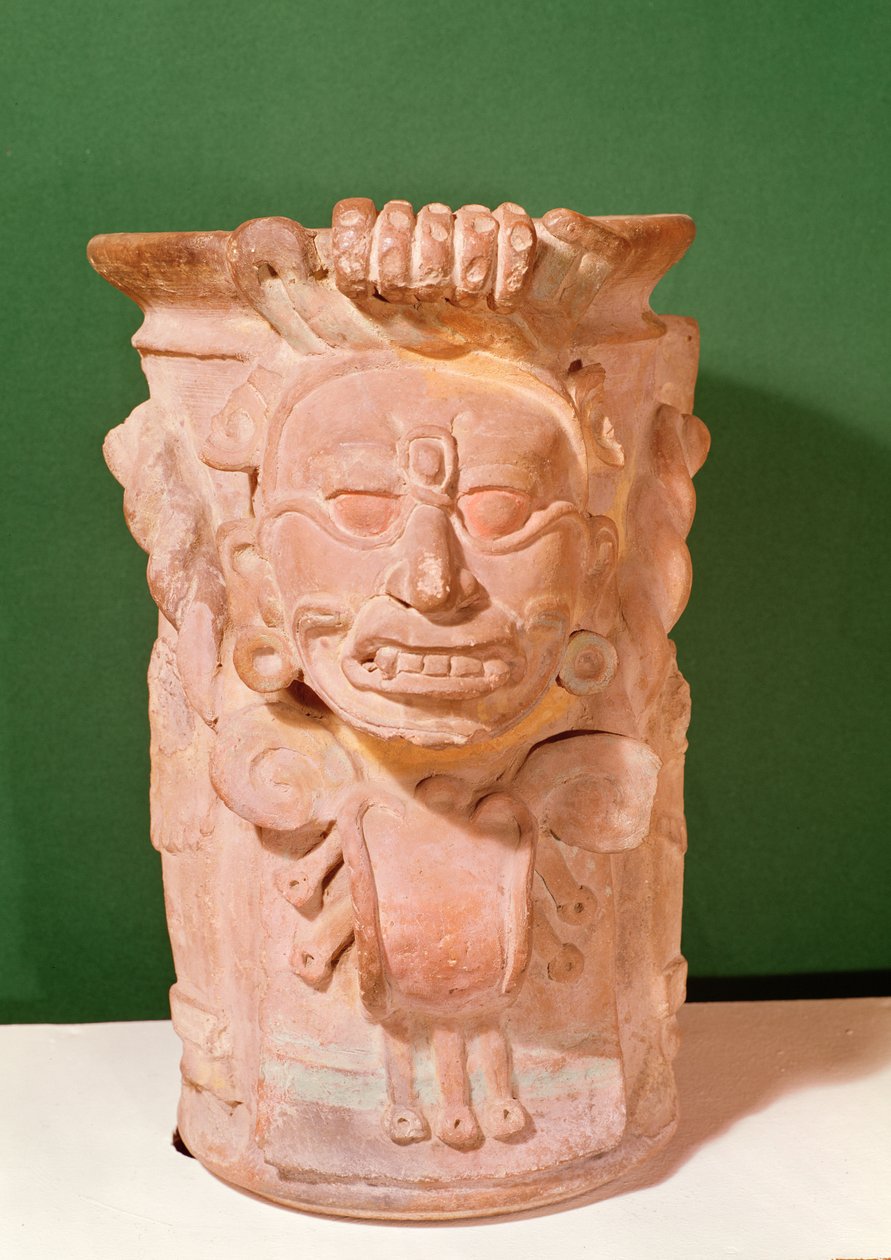 Sylindrisk vase med hodet til en solgud, klassisk periode, 7.-10. århundre (terrakotta) av Mayan