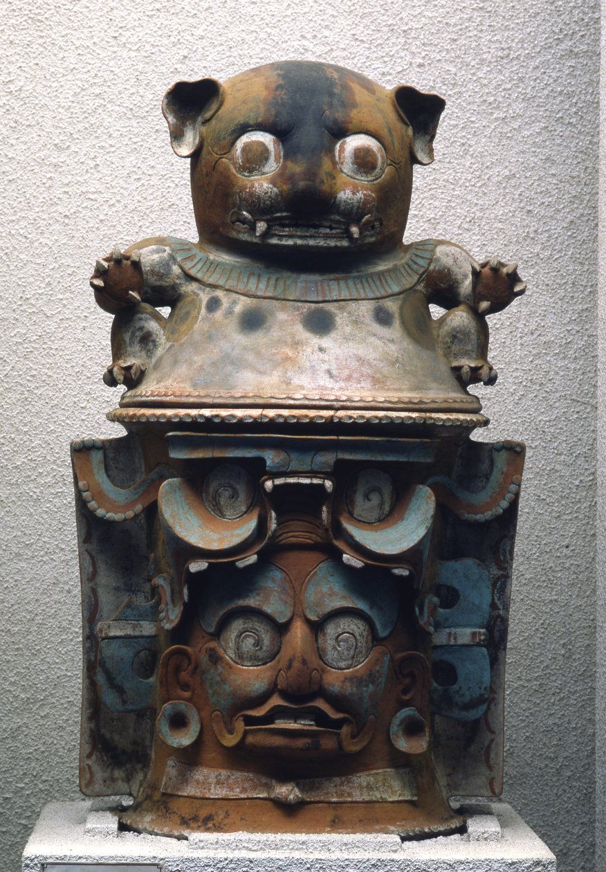 Ixil begravelsesurne med kattelokk, Nebaj, Guatemala, Late Classic Period (900-1200) (polykromt lertøy) (se også 238288) av Mayan