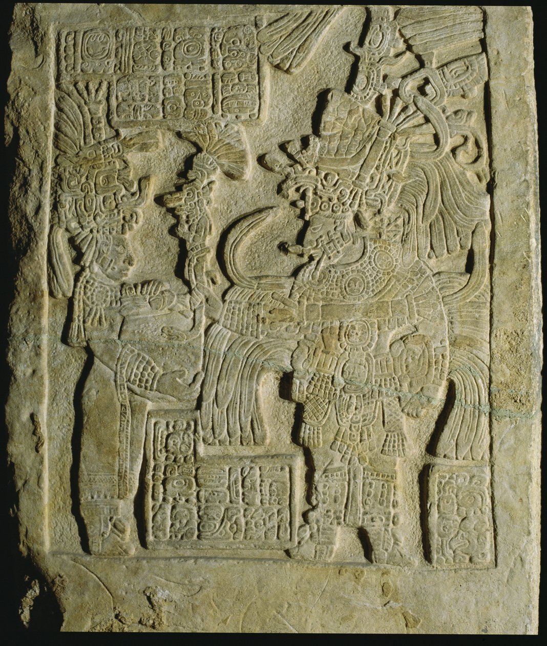Lintel 53 fra Yaxchilan, Chiapas, Mexico, sen klassisk periode (600–900 e.Kr.) av Mayan