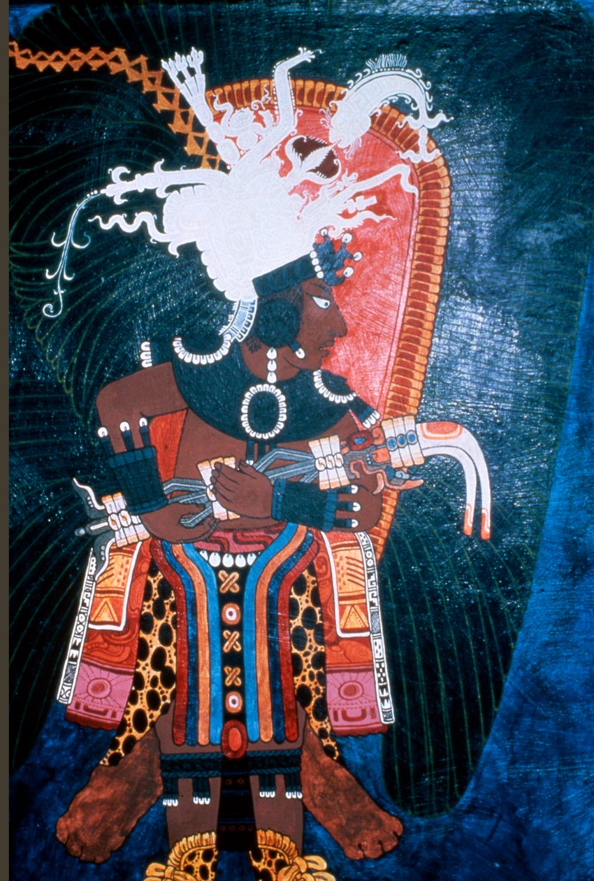 Reproduksjon av et veggmaleri som viser en linjal kledd for en seremoni, fra Temple of Murals, Bonampak (veggmaleri) av Mayan