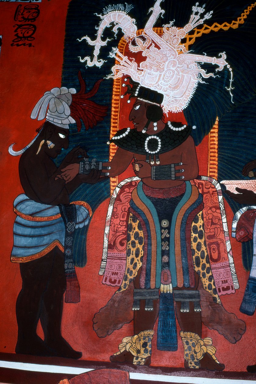 Reproduksjon av et veggmaleri som viser en tjener som kler på en linjal til en seremoni, fra Murals Temple, Bonampak (veggmaleri) av Mayan