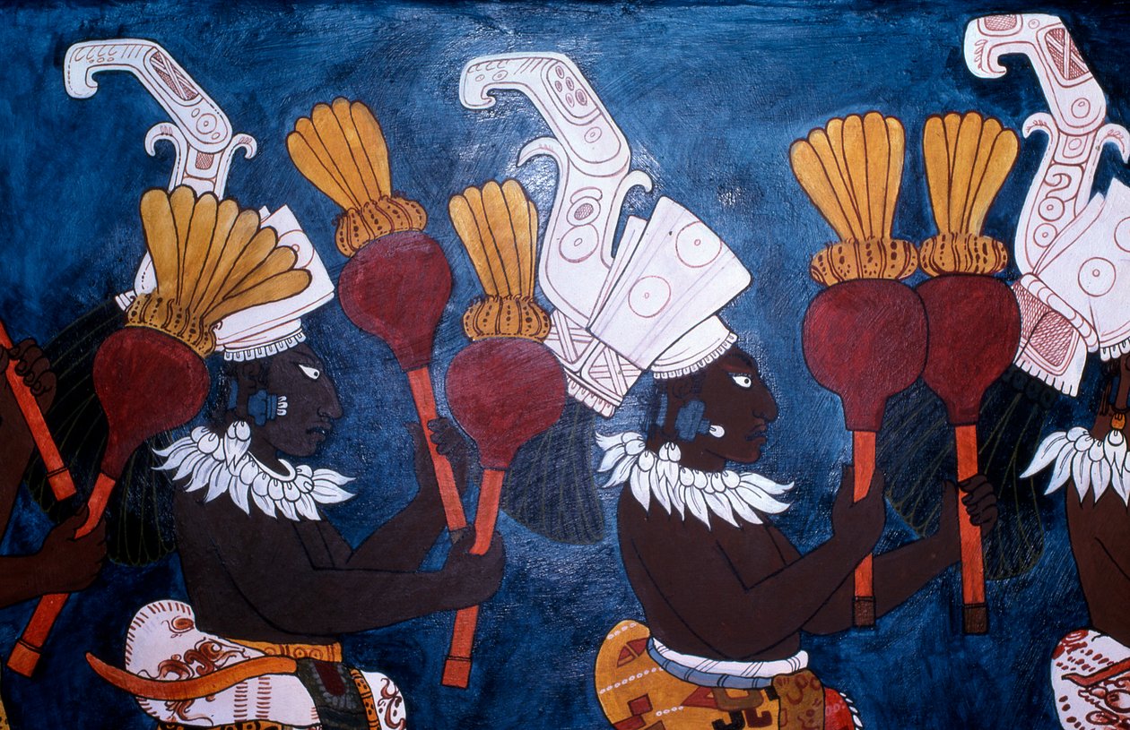Reproduksjon av et veggmaleri som viser musikere med rangler under en seremoni, fra Temple of Murals, Bonampak (veggmaleri) av Mayan