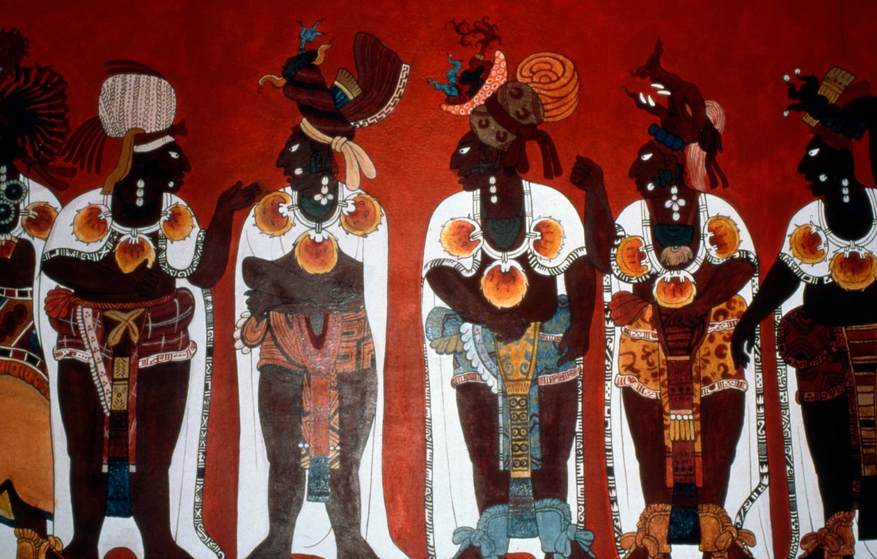Reproduksjon av et veggmaleri som viser edle menn kledd for en seremoni, fra Murals Temple, Bonampak (veggmaleri) av Mayan