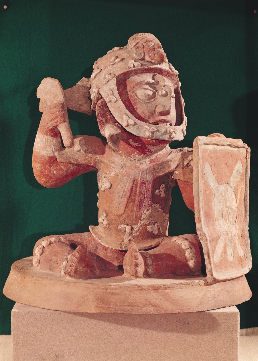 Urnelokk med en figur av en kriger, fra Guatemala, klassisk periode, 600-950 (terrakotta) av Mayan