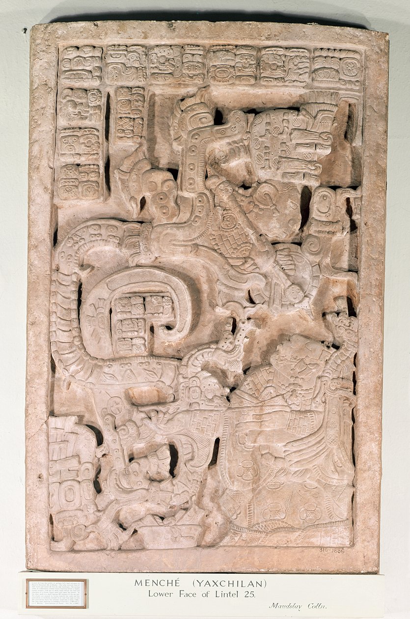 Yaxchilan overligger 25, sen klassisk periode, 600-900 e.Kr. (kalkstein) av Mayan