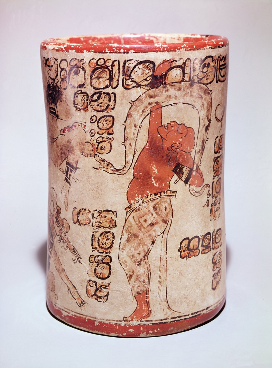 Krukke som viser en mann som danser med en slange, funnet i en grav ved Altar de Sacrificios, Classic Maya (keramikk) (se også 351822) av Mayan