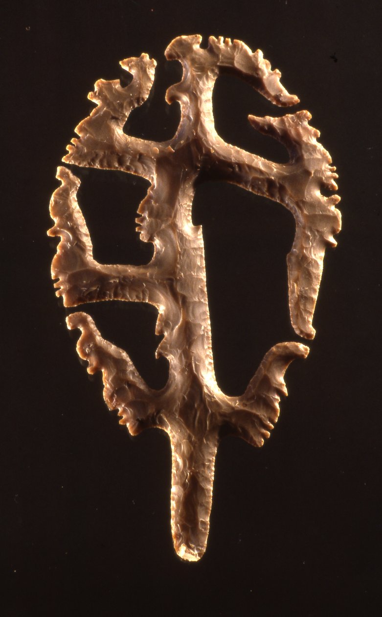 Eksentrisk flint plassert i dedikasjon ned Hieroglyphic Stairway, Copan, Late Classic Period (600-900) (flint) av Mayan