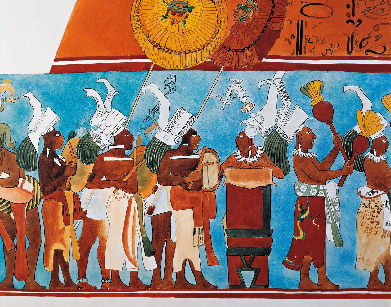 Rekonstruksjon av Bonampak-freskene som viser en prosesjon av musikere (veggmaleri) av Mayan