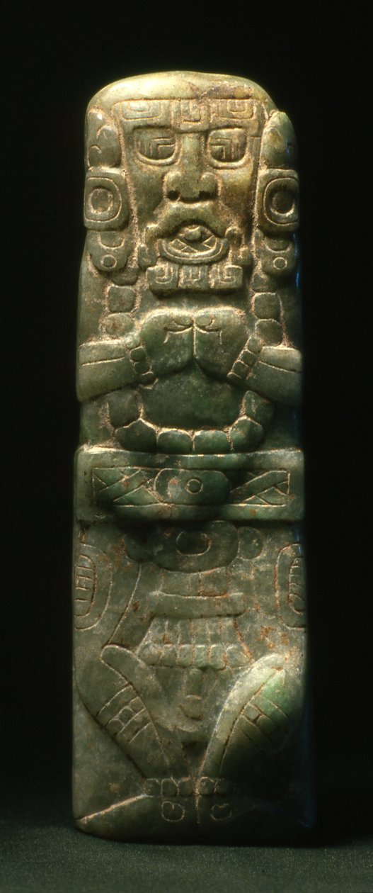 Statuett plassert i dedikasjon ned Hieroglyphic Stairway, Copan, Late Classic Period (600-900) (jade) av Mayan