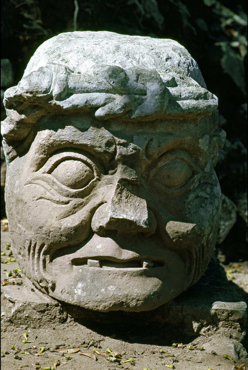 Steinskulptur av et gammelmannshode kalt den gamle mannen i Copan, tempel 11 av Mayan