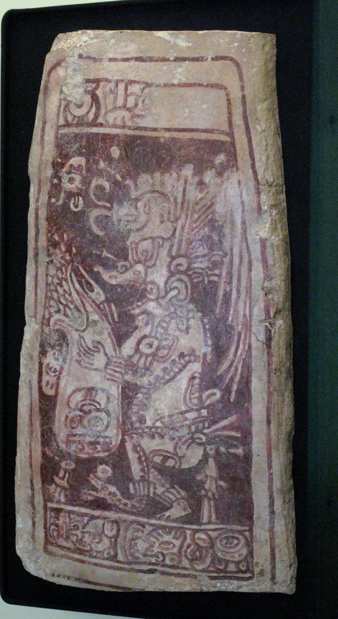 Hvelvdeksel med maleri av guden K"Awiil og hieroglyftekst, Chenes-området, Yucatan, sen klassisk periode, 600-900 e.Kr. av Mayan
