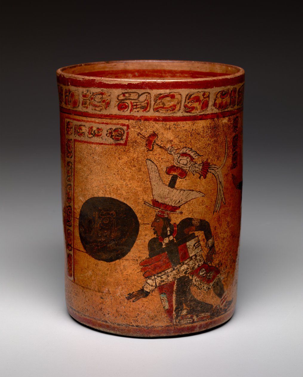 Sylindrisk kar med ballspillscene, sen klassisk periode, ca. 682-701 (keramikk) av Mayan Mayan
