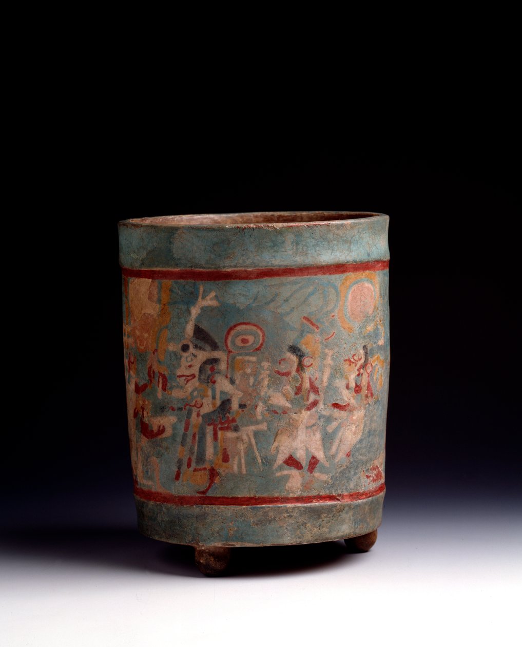 Precolombiansk kunst, Maya sivilisasjon, klassisk periode: sylindrisk vase i polykrom leire dekorerer en seremoniell scene med karakterer i prosesjon. Fra La Lagunita, Quiche, Guatemala. Sol. h. 24,1 x diam. 18,5 cm Guatemala, Museo Nazionale di Archeolo av Mayan Mayan