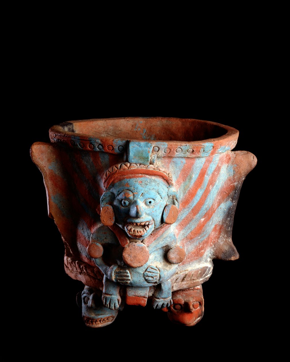 Precolombiansk kunst, Maya-sivilisasjon, postklassisk periode: stativvase med leirøkelse dekorert med et hode. Fra Nebaj, Quiche, Guatemala Sun. h. 25 x bredde 23,8 cm Guatemala, Museo Nazionale di Archeologia e Etnologia - førkolumbiansk kunst, Maya Civil av Mayan Mayan