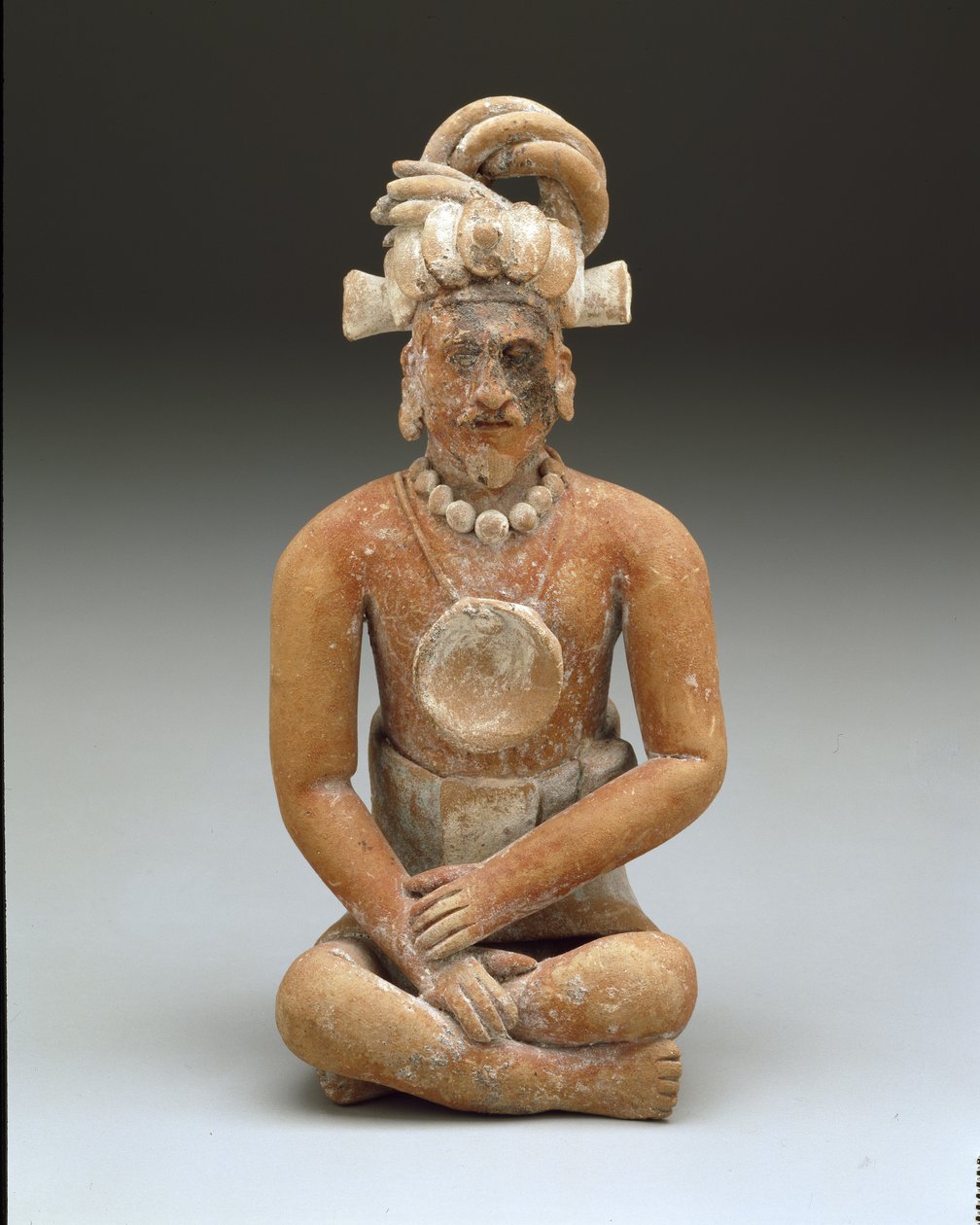 Sittende skjeggete mann, sen klassisk periode, ca. 600-900 (keramikk og maling) av Mayan Mayan