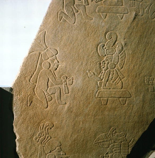 Plate gravert med menneskelige figurer, fra Kaminaljuyu, Guatemala, tidlig klassisk periode (250-600) (stein) av Mayan Mayan