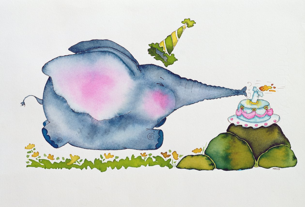 Birthday Elephant, 1998 (wc og blekk på papir) av Maylee Christie