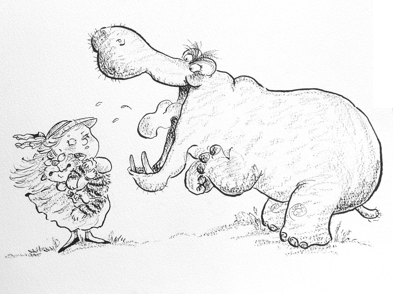 Jeg er ikke redd for deg, Mr Hippo (blekk og fargestift på papir) av Maylee Christie