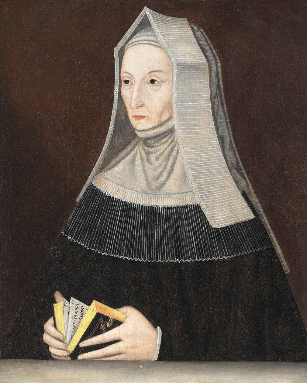 Portrett av Lady Margaret Beaufort (1441-1509), halvlang, i svarte kapper og en hvit habit, en bønnebok i hendene (olje på panel) av Maynard (manner of) Vewicke