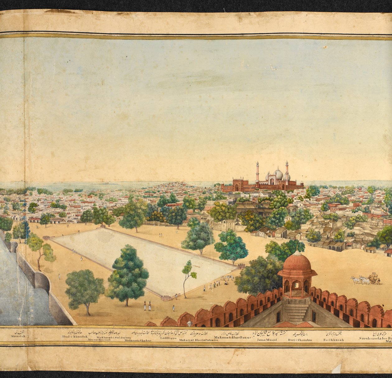 Utsnitt av et panorama av Delhi, som viser Jama Masjid av Mazar or Mazhar Ali Khan
