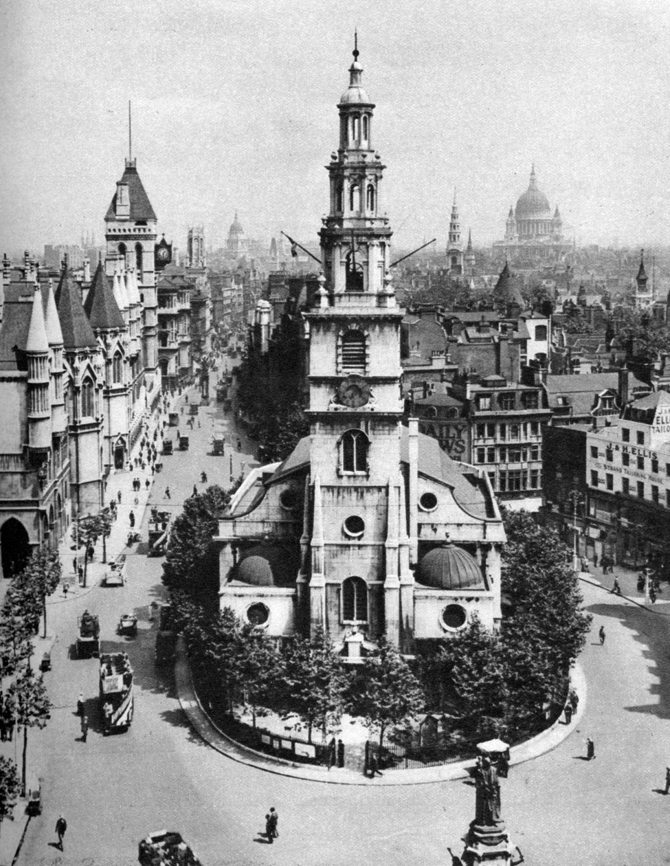 Church of St Clement Danes, Strand og Fleet Street fra Australia House, London, 1926-1927. av McLeish