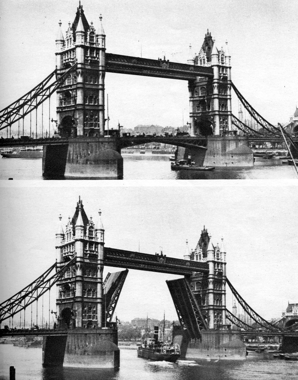 Tower Bridge åpen og stengt, London, 1926-1927 av McLeish