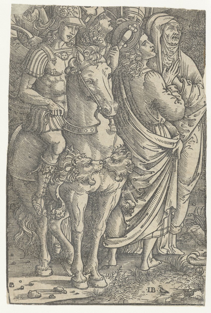 Fragment av en korsfestelse med evangelisten Johannes og Maria og soldater av Meester IB met de vogel