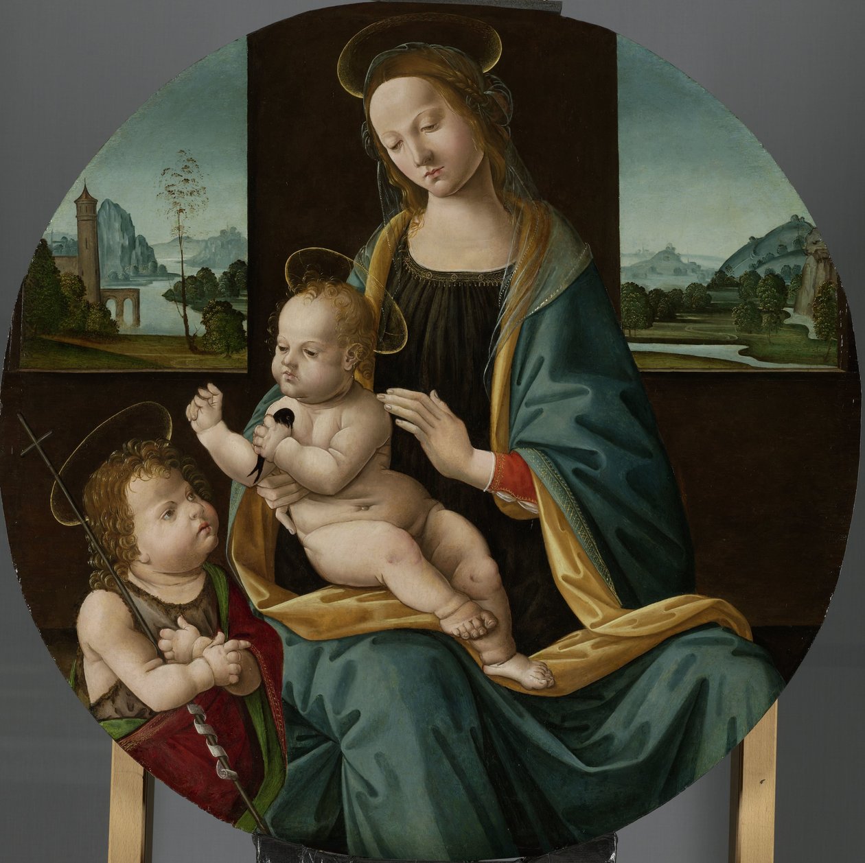 Jomfru og barn med spedbarnet Døperen Johannes Maria møtte snill en Johannes de Doper av Meester van de Conversazione di Santo Spirito