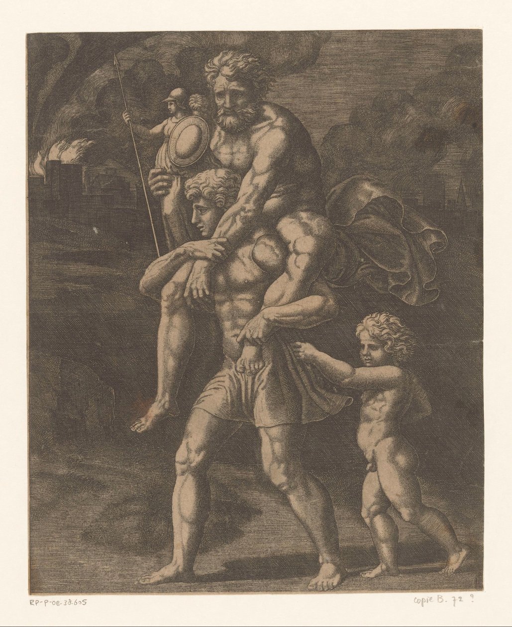 Aeneas og familien hans flykter fra Troja av Meester van de Dobbelsteen